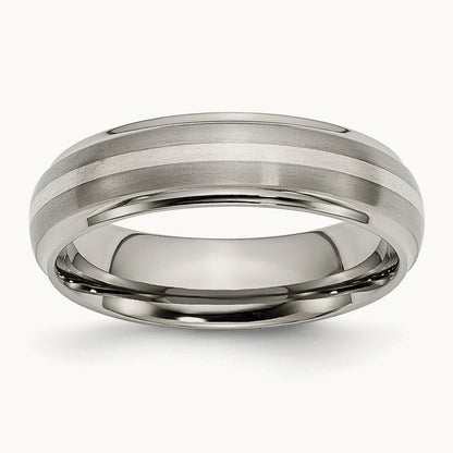 Brushed Center w/Sterling Silver Inlay Ridged Edge Band, 6mm, Titanium