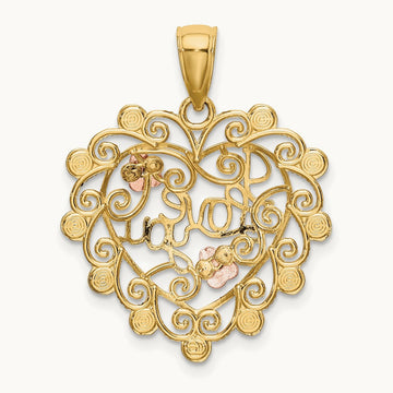 w/White Rhodium I LOVE YOU Filigree Heart Flower Charm, 14K Two-tone