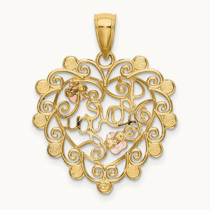 w/White Rhodium I LOVE YOU Filigree Heart Flower Charm, 14K Two-tone