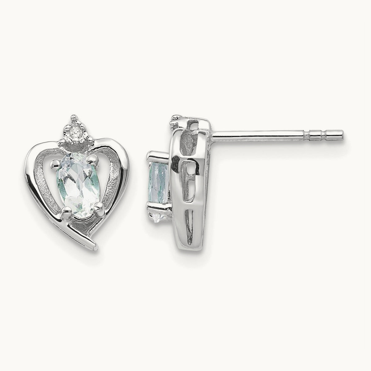 Aquamarine and Diamond Heart Post Earrings, 14K White Gold
