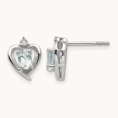 Aquamarine and Diamond Heart Post Earrings, 14K White Gold