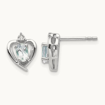 Aquamarine and Diamond Heart Post Earrings, 14K White Gold