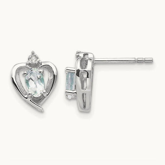 Aquamarine and Diamond Heart Post Earrings, 14K White Gold