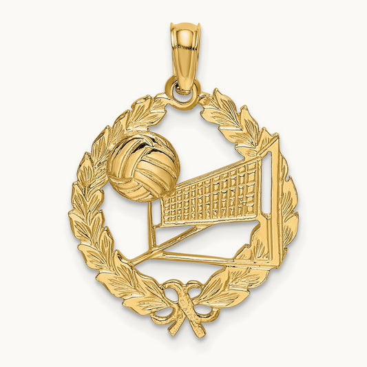 Volleyball Story in Leaf Circle Charm, 14K