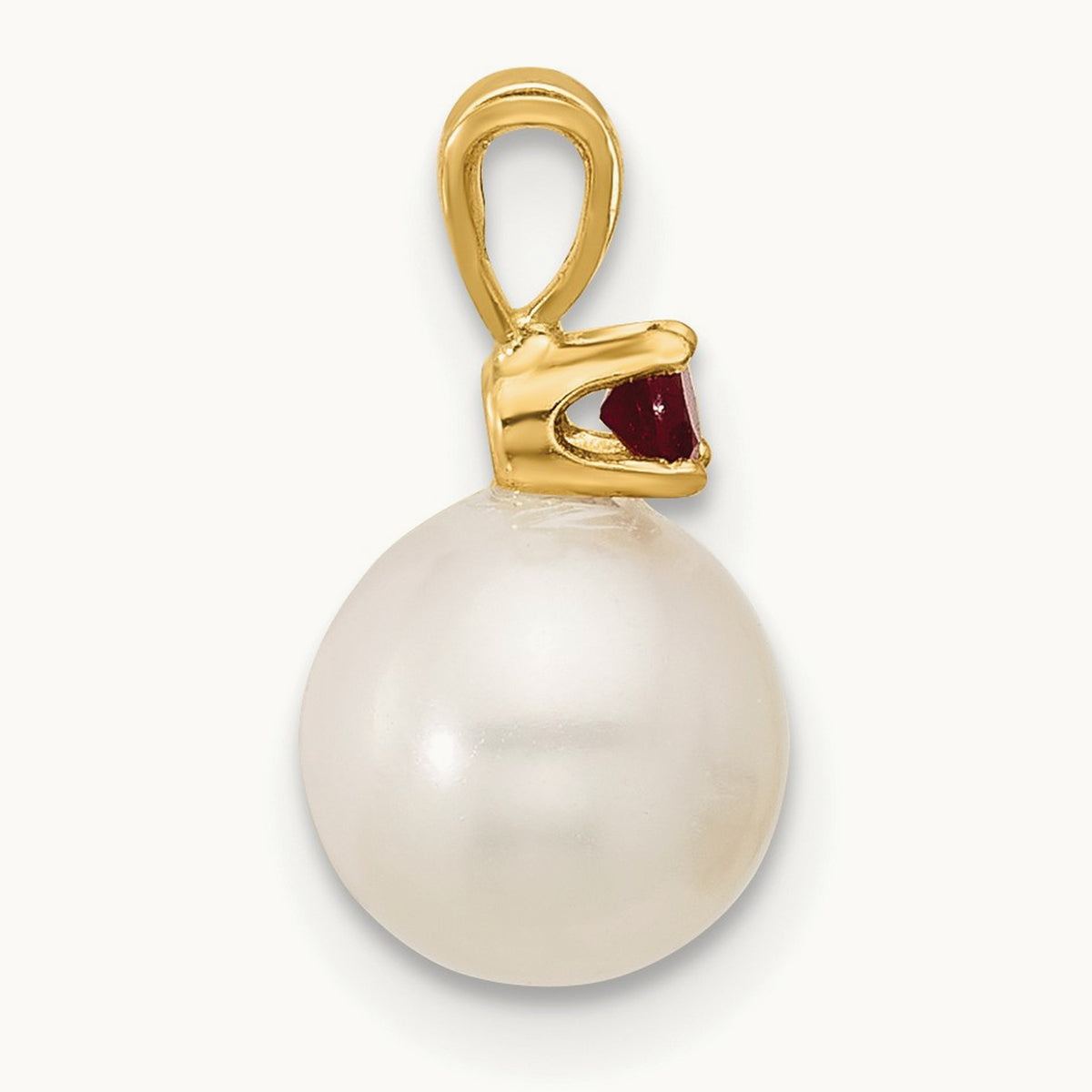 7- White Round FWC Pearl Ruby Pendant, 7.5mm, 14K