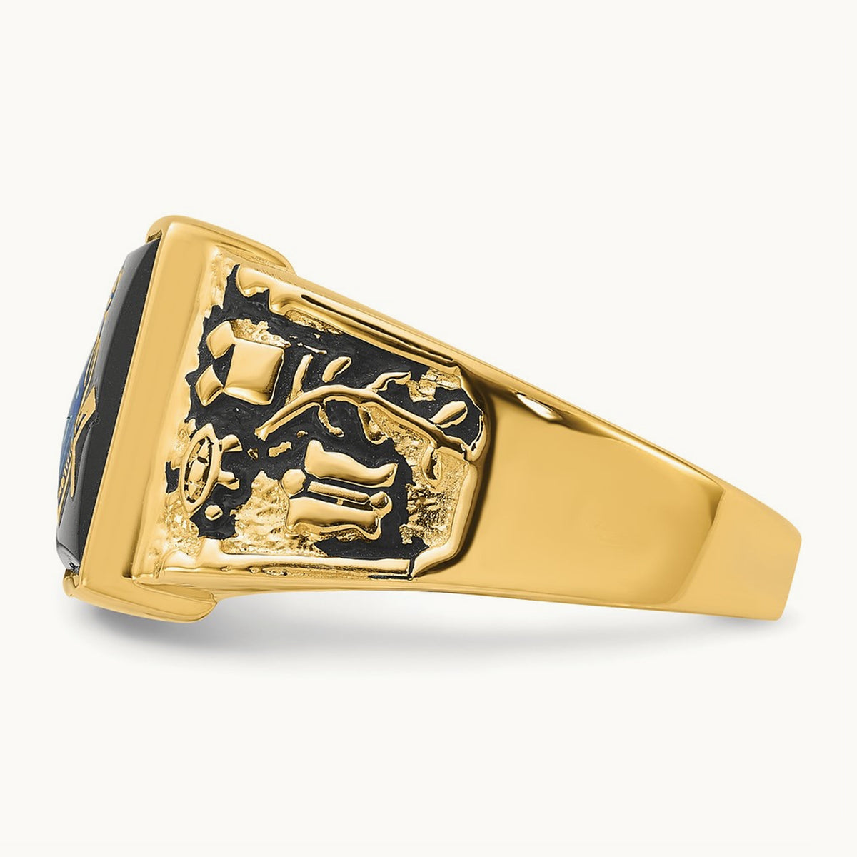 Men's Polished & Textured w/ Black Enamel & Onyx Masonic Ring, 14K