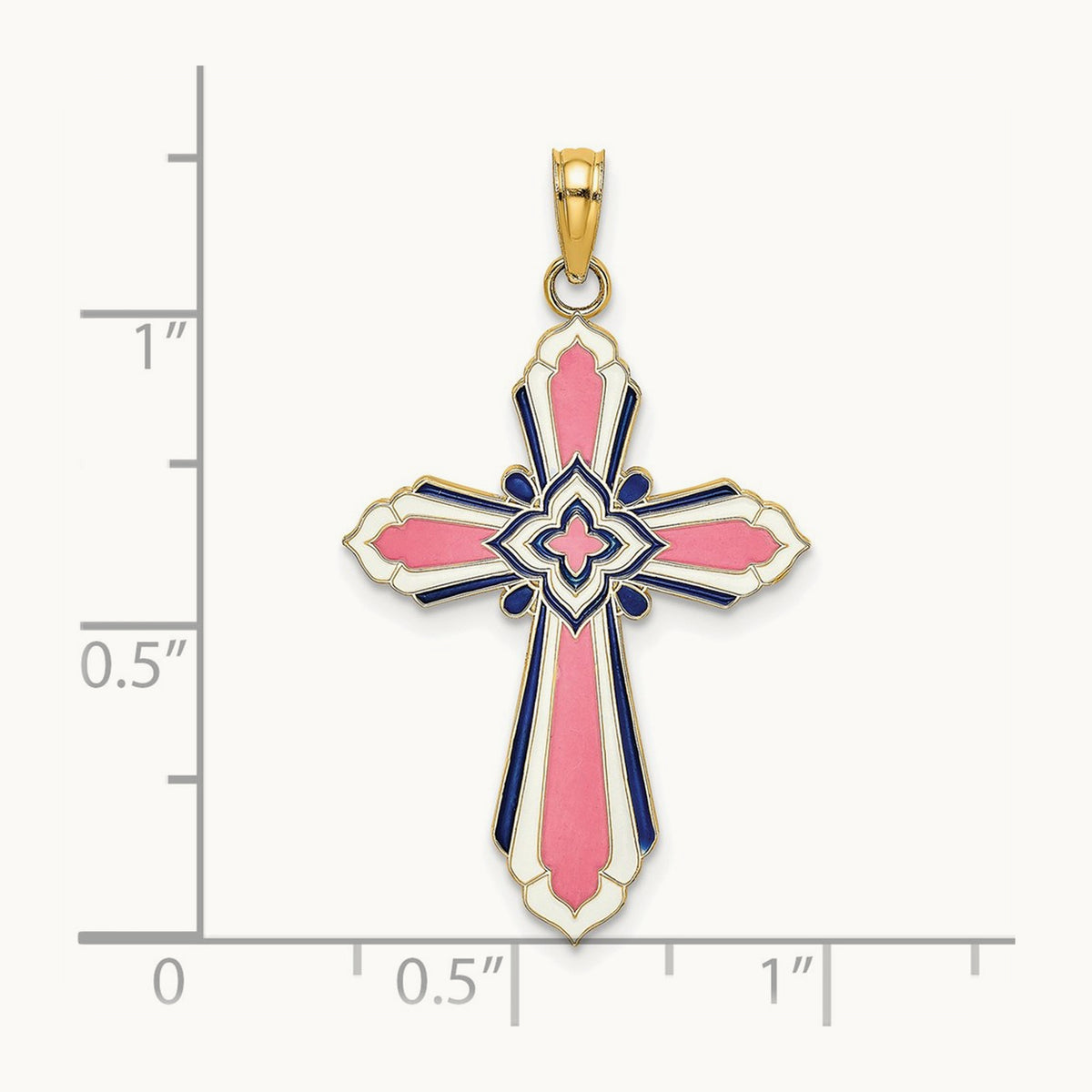 3-D W/ Pink and White Enamel Cross Charm, 14K