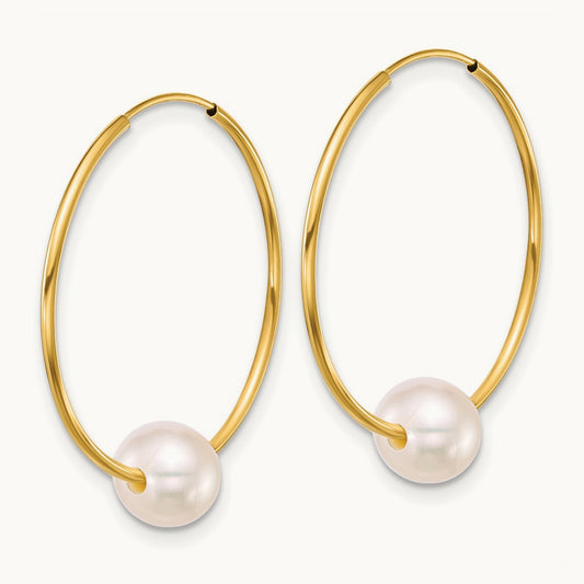 6- Semi-Round Freshwater Cultured Pearl Hoop Earrings, 7mm, 14K