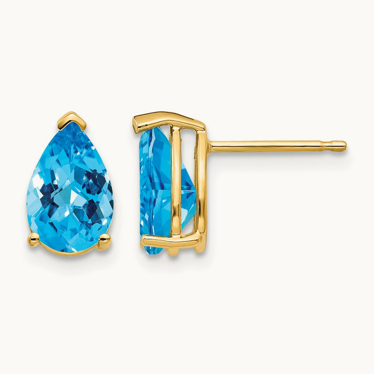 9x6mm Pear Blue Topaz Checker Earrings, 14K