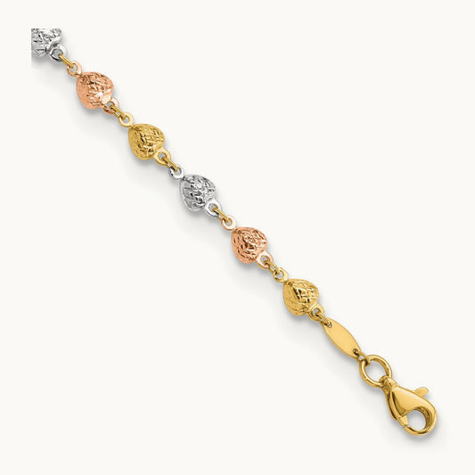 Tri-color Polished Diamond-Cut Hearts 7.5in Bracelet, 14K