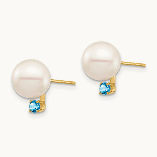 8- White Round FW Cultured Pearl Swiss Blue Topaz Post Earrings, 8.5mm, 14K