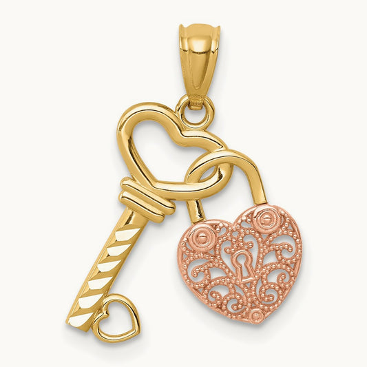 Polished Filigree Heart Lock and Diamond-cut Key Charm, 14K Two-tone