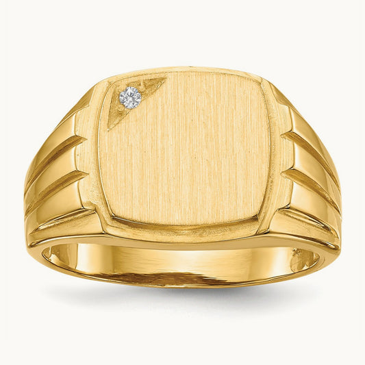 12.0x11. Grooved Sides Open Back AA Diamond Signet Ring, 5mm, 14K