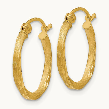 Satin Diamond Cut Hollow Twisted Hoop Earrings, 14K