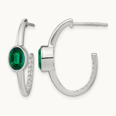 Oval Created Emerald and Lab-Grown Diamond J-Hoop Earrings — 14K White Gold