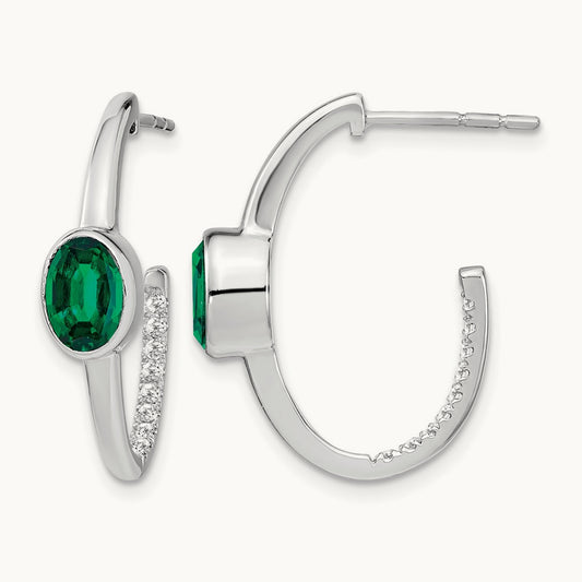 Oval Created Emerald and Lab-Grown Diamond J-Hoop Earrings — 14K White Gold
