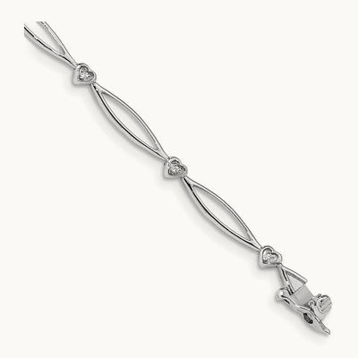 Diamond 7.25in Heart and Oval Link Bracelet, 14K White Gold