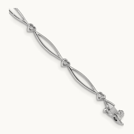 Diamond 7.25in Heart and Oval Link Bracelet, 14K White Gold