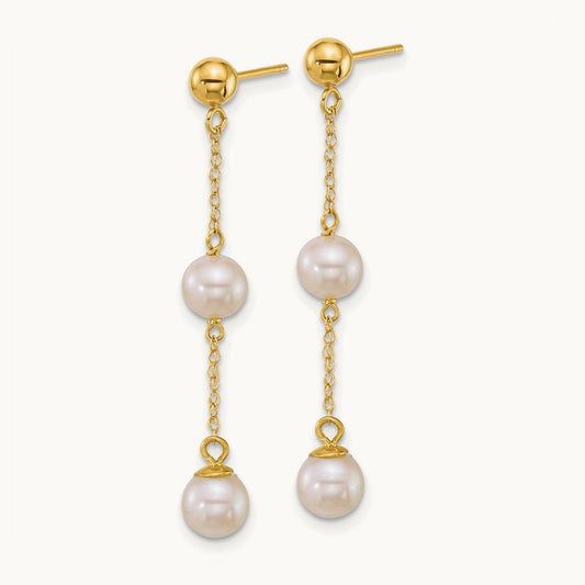 5- Rnd Wht Freshwater Cultured Pearl Post Dangle Earrings, 6mm, 14K
