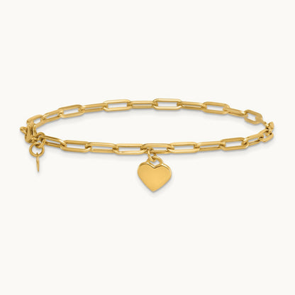 Polished Dangle Heart 7.25in Paperclip Bracelet, 14K
