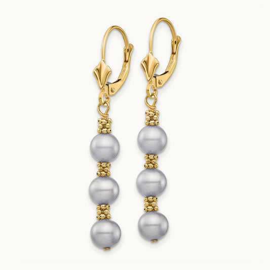 5- Grey Semi-round Freshwater Cultured Pearl Leverback Earrings, 6mm, 14K