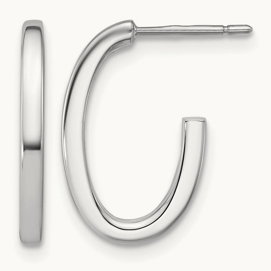 14KWhite Gold Polish Flat Oval Post J-Hoop Earrings — 14K White Gold