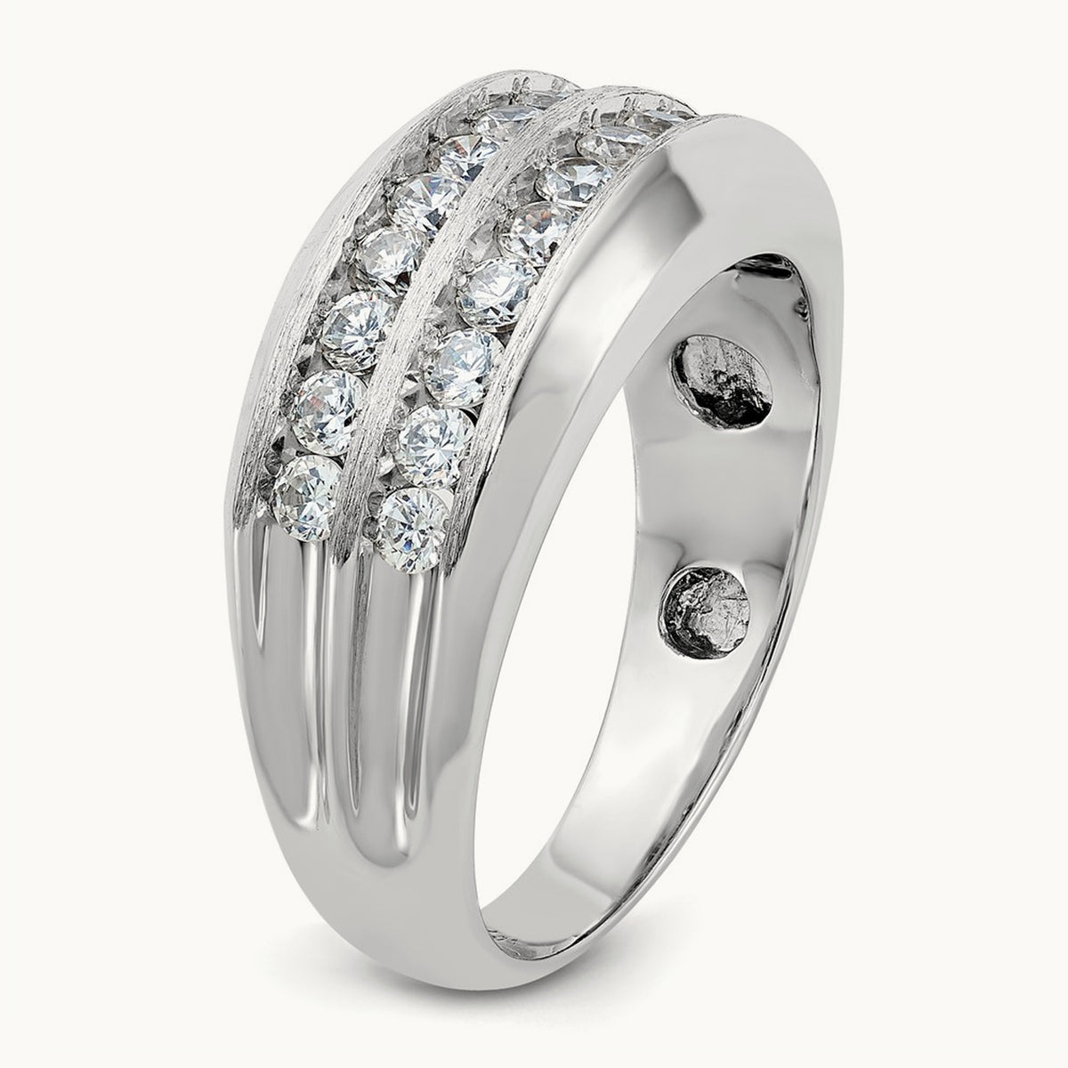 Men's Polished Satin Grooved 2-Row Diamond Ring — 14K White Gold