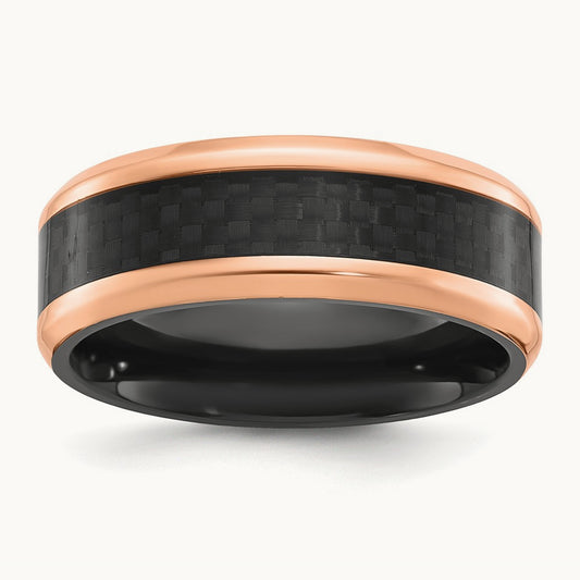 Black Zirconium Polished Rose IP Black Carbon Fiber Inlay Band, 8mm