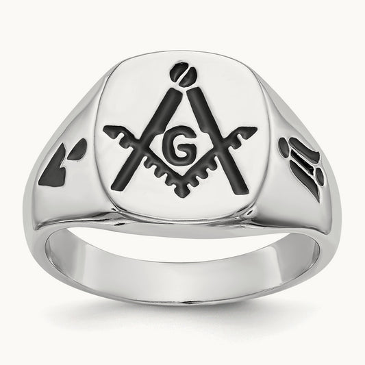 Men's Polished and Grooved with Black Enamel Masonic Ring, 14K White Gold