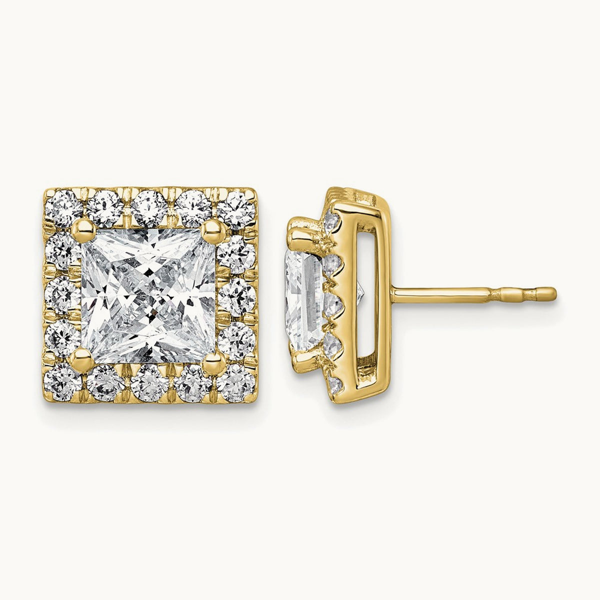 Princess Halo Post Earrings, 0.50-7.50 ct tw Lab-Grown Diamond — 5 ct, 14K Yellow Gold