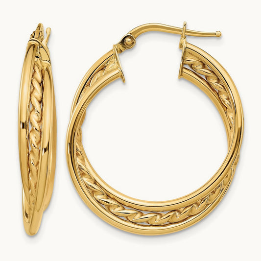 Polished Rope Twisted Hoop Earrings — 14K Yellow Gold