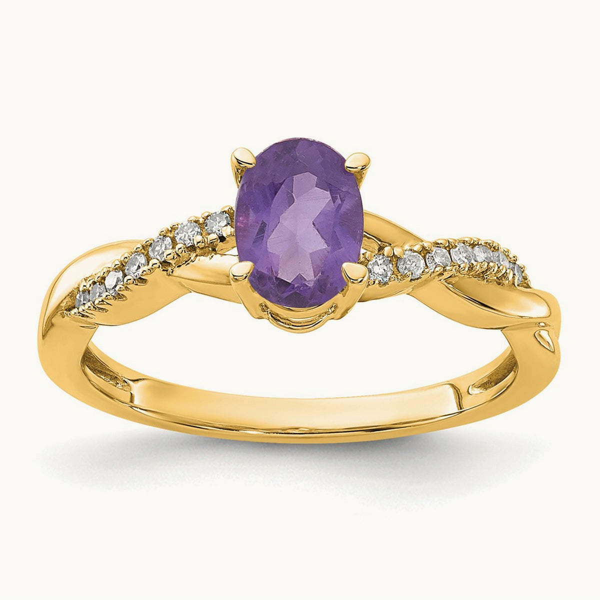 Oval Amethyst and Diamond Ring — 14K Yellow Gold, 0.084 ct, 7