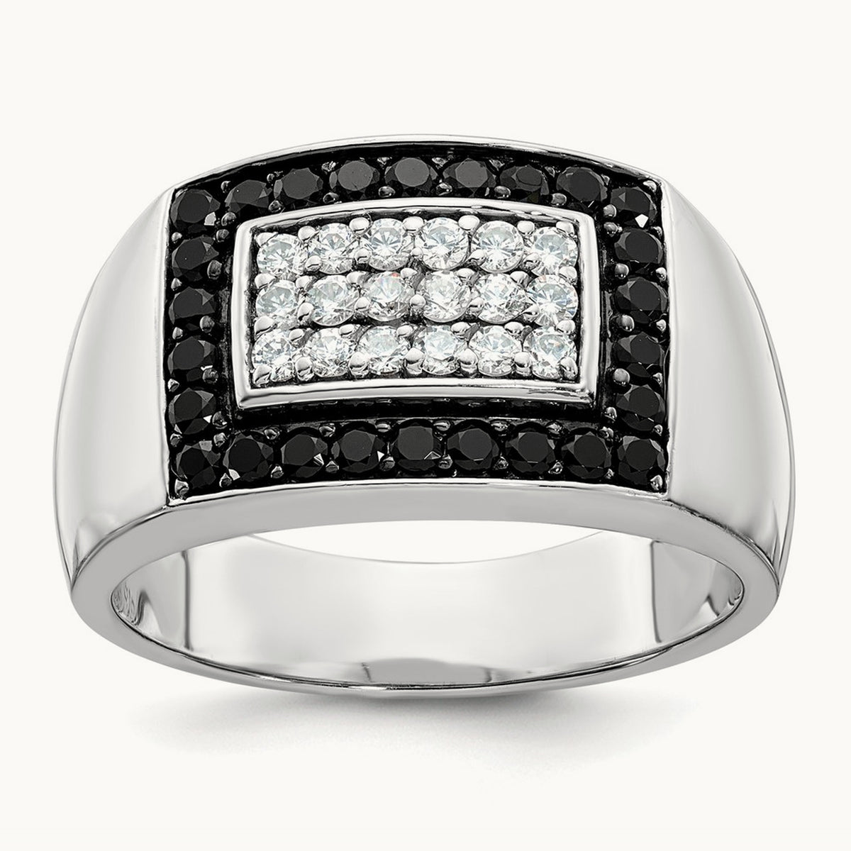 IBGoodman Men's Polished Black/White Dia Rectangular Cluster Ring, 14K White Gold