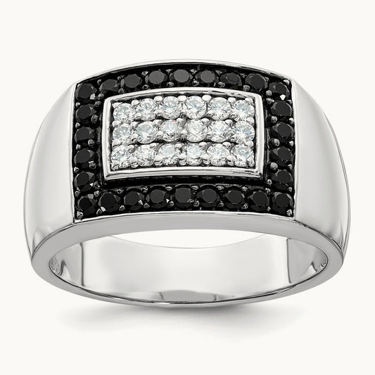 IBGoodman Men's Polished Black/White Dia Rectangular Cluster Ring, 14K White Gold