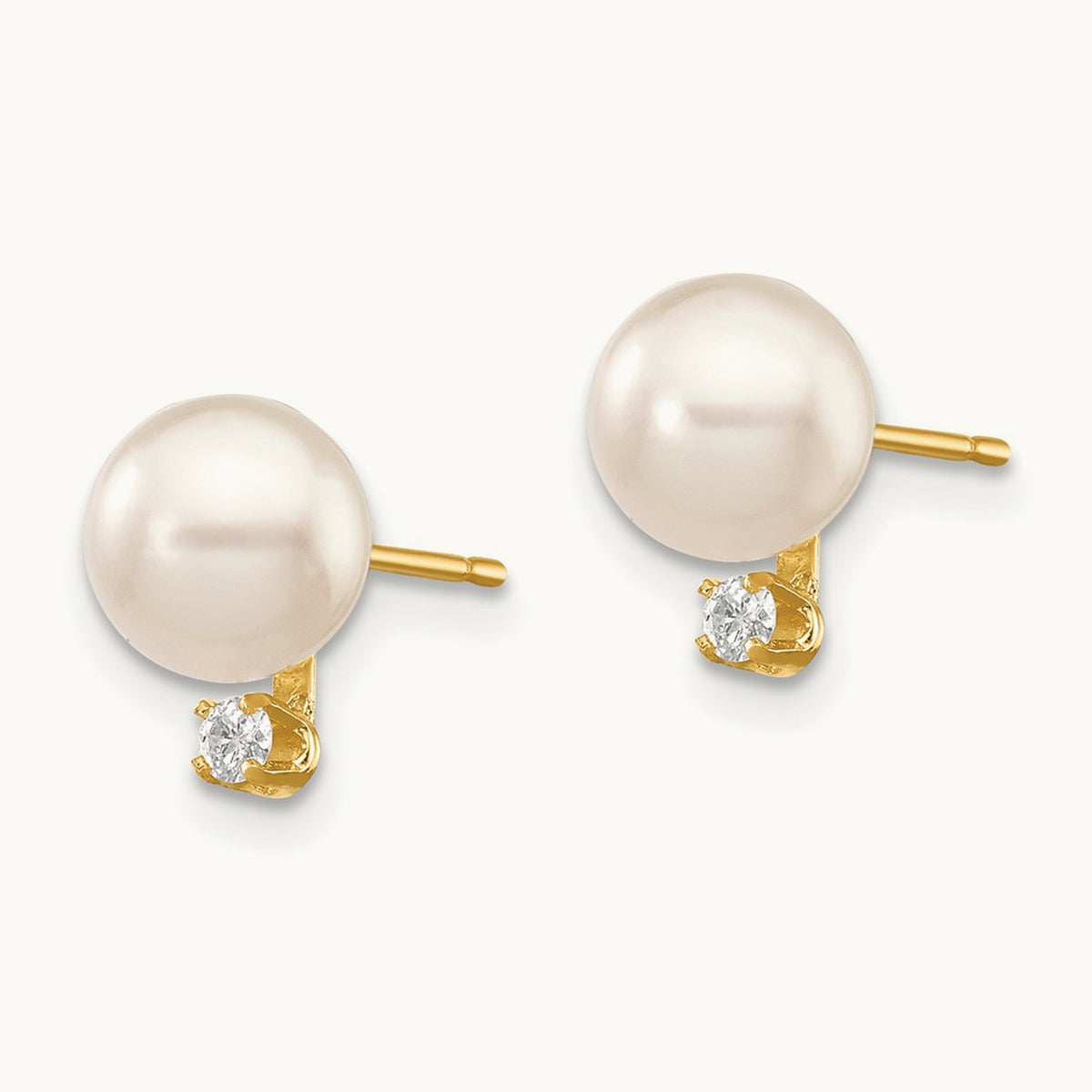 6- White Round Saltwater Akoya Cultured Pearl Diamond Post Earrings, 7mm, 14K