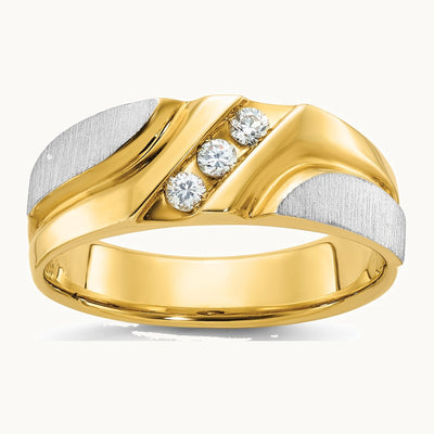 IBGoodman 14K Two-tone Men's Polished Satin and Grooved 3-Stone 1/6 Carat AA Quality Diamond Ring