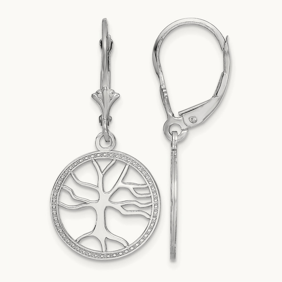 Tree of Life In Round Frame Leverback Earrings — 14K White Gold