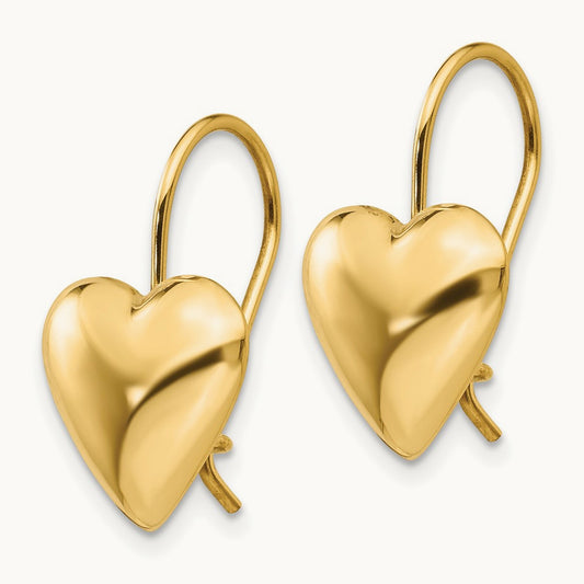 Polished Puffed Heart Kidney Wire Earrings, 11.5mm, 14K