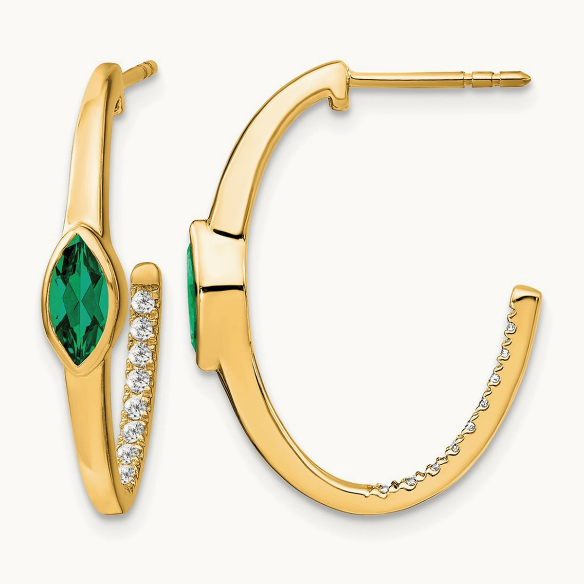 Marquise Created Emerald and Diamond J-hoop Earrings, 14K