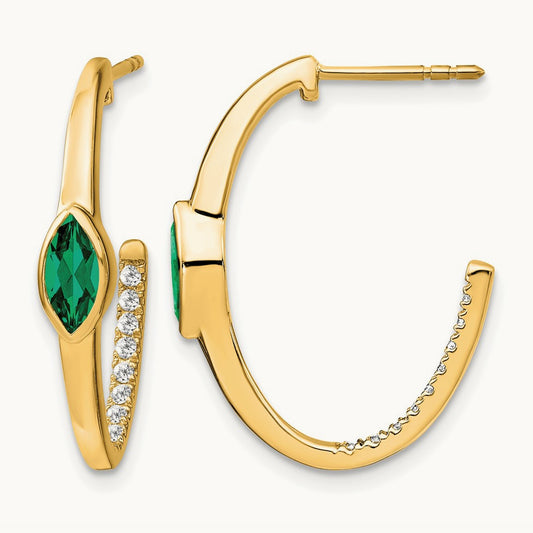 Marquise Created Emerald and Diamond J-hoop Earrings, 14K