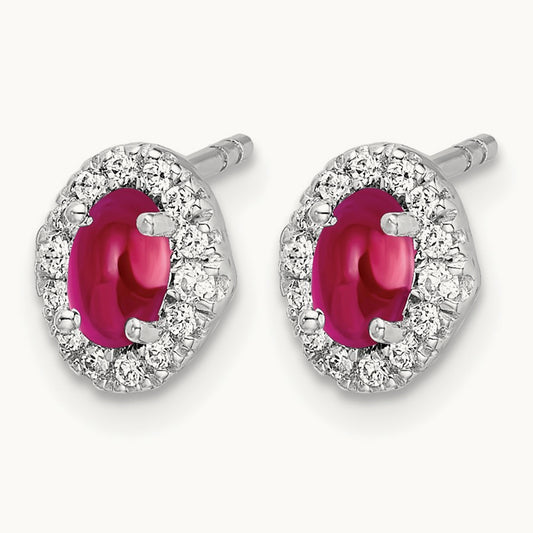 Created Ruby Halo Post Earrings, 0.15 ct tw Lab-Grown Diamond