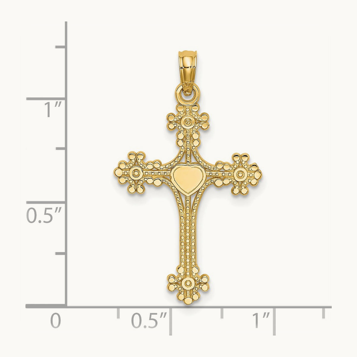 Beaded Tip Cross w/ Heart Center Charm, 14K