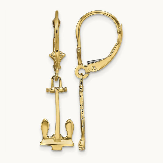 Polished Navy Anchor Leverback Earrings, 14K