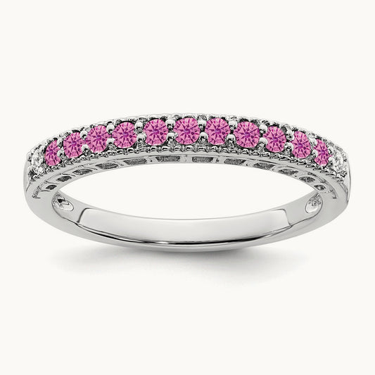 Created Pink Sapphire and Diamond Band, 14K White Gold