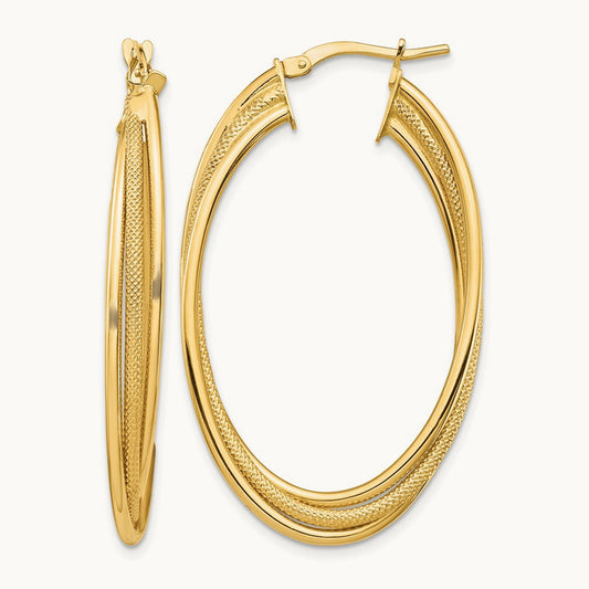 Polished and Textured Twisted Fancy Oval Hoop Earrings — 14K Yellow Gold