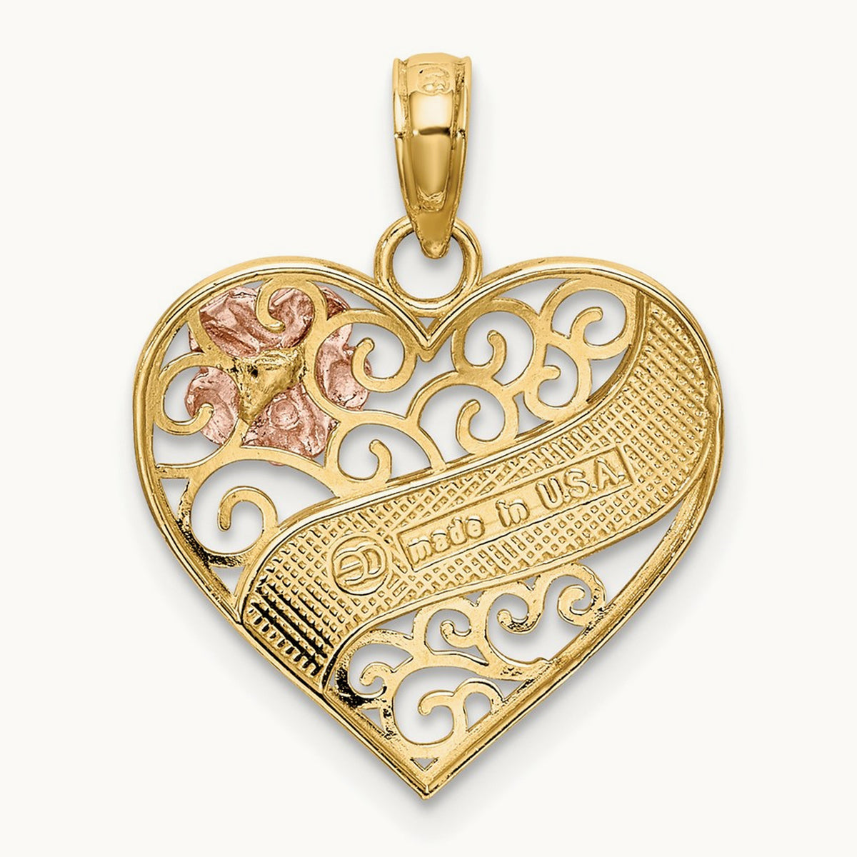 LOVE Banner on Filigree Heart Charm, 14K Two-tone with White Rhodium