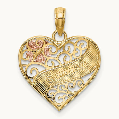 LOVE Banner on Filigree Heart Charm, 14K Two-tone with White Rhodium