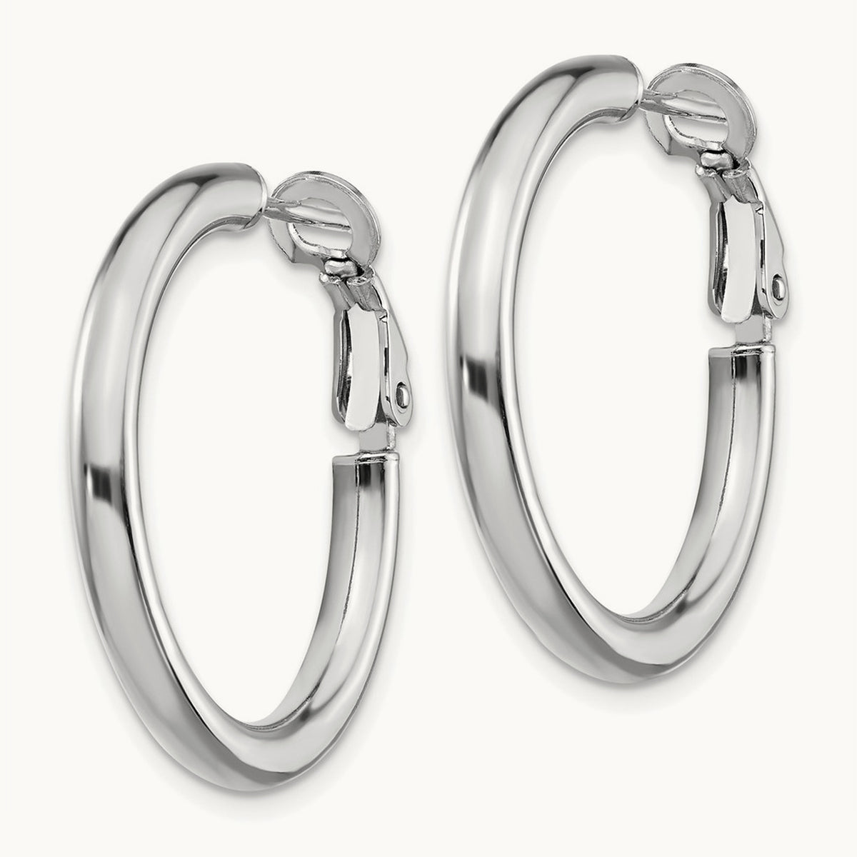 Polished Round Omega Back Hoop Earrings — 14K White Gold, 3x25mm