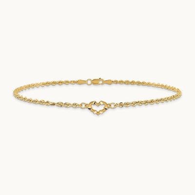 Diamond-cut Open Heart Rope 9inch Anklet, 14K