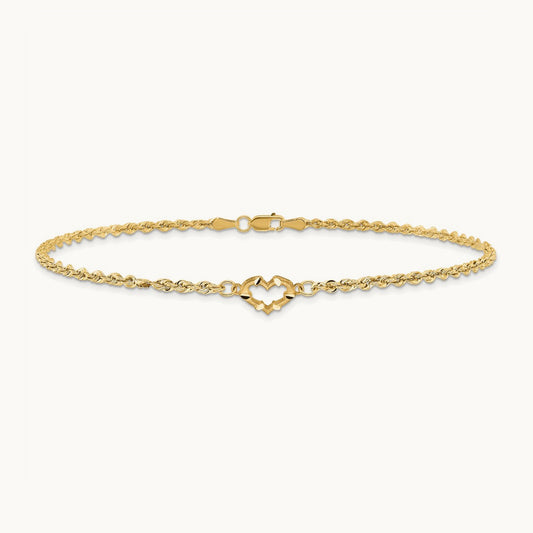 Diamond-cut Open Heart Rope 9inch Anklet, 14K